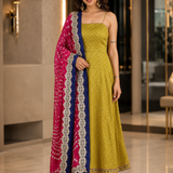 Olive Green Silk Anarkali With Bandhani Dupatta