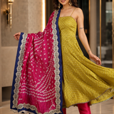 Olive Green Silk Anarkali With Bandhani Dupatta