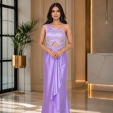 Lilac Satin One-Shoulder Gown With Sequin Bodice