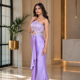 Lilac Satin One-Shoulder Gown With Sequin Bodice