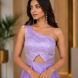 Lilac Satin One-Shoulder Gown With Sequin Bodice