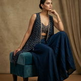 Navy Blue Silk Blend Embroidered Indo-Western Set