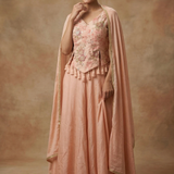Peach Pink Tissue Embroidered Indo-Western Set