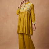 Mustard Yellow Dupion Silk Embroidered Kurta Set