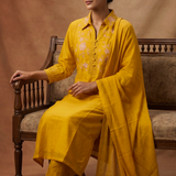 Mustard Yellow Silk Blend Embroidered Kurta Set
