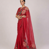 Maroon Hand Embroidered Saree with Floral Sequin Work and Green Leaf Detailing