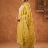 Dusty Muted Yellow Embroidered Satin Silk Kurta Set