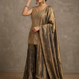 Dark Earthy Green Tissue Silk Embroidered Sharara Set