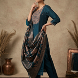 Midnight Blue Embroidered Dupion Silk Kurta Set