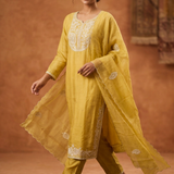 Dusty Muted Yellow Embroidered Satin Silk Kurta Set