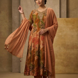 Earthy Brown Silk Blend Printed Anarkali Set