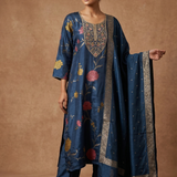 Deep Blue Silk Blend Floral Kurta Set