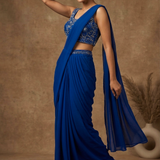 Cobalt Blue Georgette Embroidered Draped Saree