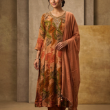 Earthy Brown Silk Blend Printed Anarkali Set