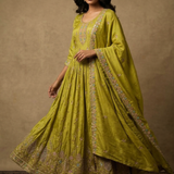 Mehendi Green Satin Embroidered Anarkali Set