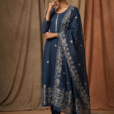 Dark Teal Blue Floral Satin Silk Kurta Set