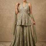 Earthy Green Silk Blend Embroidered Peplum Set