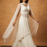 Off-White Net Embroidered Anarkali Set
