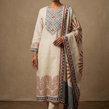 Off-White Linen Printed Kurta Set