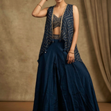 Navy Blue Silk Blend Embroidered Indo-Western Set