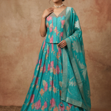 Mint Blue Floral Satin Silk Lehenga Set