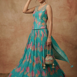 Mint Blue Floral Satin Silk Lehenga Set
