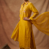 Mustard Yellow Silk Blend Embroidered Kurta Set