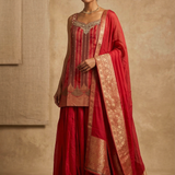 Dark Red Tissue Silk Embroidered Sharara Set
