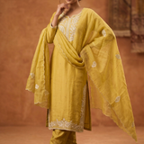 Dusty Muted Yellow Embroidered Satin Silk Kurta Set