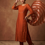 Reddish Orange Silk Embroidered Kurta Set