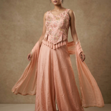 Soft Peach Floral Chiffon Indo-Western Set