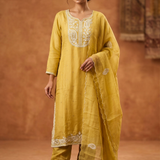 Dusty Muted Yellow Embroidered Satin Silk Kurta Set
