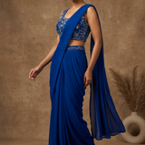 Cobalt Blue Georgette Embroidered Draped Saree