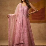 Punch Pink Net Embroidered Anarkali Set