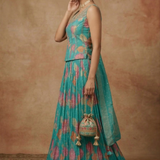 Mint Blue Floral Satin Silk Lehenga Set