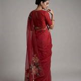 Maroon Hand Embroidered Saree with Floral Sequin Work and Green Leaf Detailing