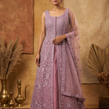 Rosewood Pink Net Embroidered Anarkali Set