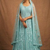 Turquoise Green Net Embroidered Anarkali Set