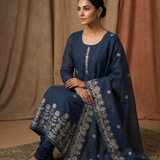 Dark Teal Blue Floral Satin Silk Kurta Set