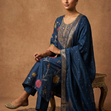 Deep Blue Silk Blend Floral Kurta Set
