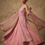 Punch Pink Net Embroidered Anarkali Set