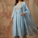 Baby Blue Silk Blend Embroidered Kurta Set