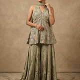 Earthy Green Silk Blend Embroidered Peplum Set