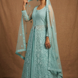 Turquoise Green Net Embroidered Anarkali Set