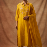 Mustard Yellow Silk Blend Embroidered Kurta Set