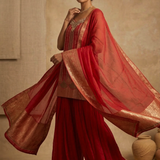 Dark Red Tissue Silk Embroidered Sharara Set
