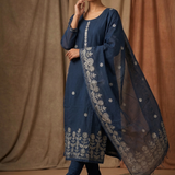 Dark Teal Blue Floral Satin Silk Kurta Set