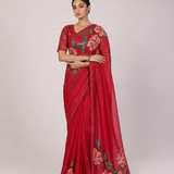 Maroon Hand Embroidered Saree with Floral Sequin Work and Green Leaf Detailing