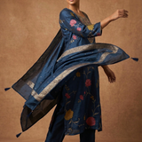 Deep Blue Silk Blend Floral Kurta Set