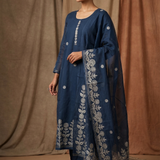 Dark Teal Blue Floral Satin Silk Kurta Set
